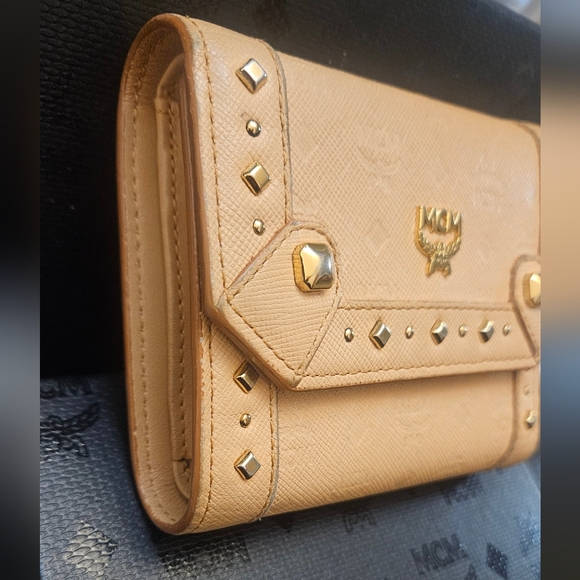 MCM Tan Studded Leather Trifold Wallet - Picture 3 of 10